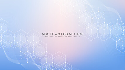 Wall Mural - modern scientific background with hexagons, lines and dots. wave flow abstract background. molecular