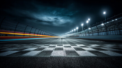 a nighttime view of a race track's finish line with motion blur from speeding cars and illuminated f