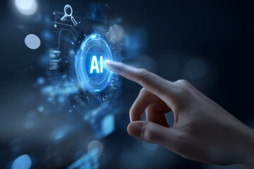 A Finger Is Pressing A Glowing Blue AI Button Surrounded By Technology Icons On A Dark Background
