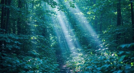 Wall Mural - Sunlight Streaming Through Lush Forest Canopy, Creating a Serene and Magical Atmosphere for Outdoor Enthusiasts