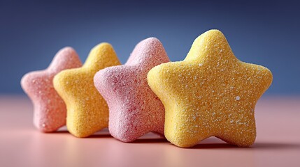 Scene with Four Sugar - Frosted Star - Shaped Objects on Pink - Blue Gradient Background