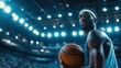 © Ball - Basketball player wearing a headband and jersey, holding a basketball firmly while standing near the three-point line in a stadium.