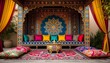 © JohnLee - Pakistani mehndi stage with truck art backdrop and colorful cushions