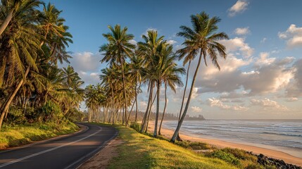 Wall Mural - Coastal Road with Palm Trees: A Scenic Tropical Beach Landscape at Sunset