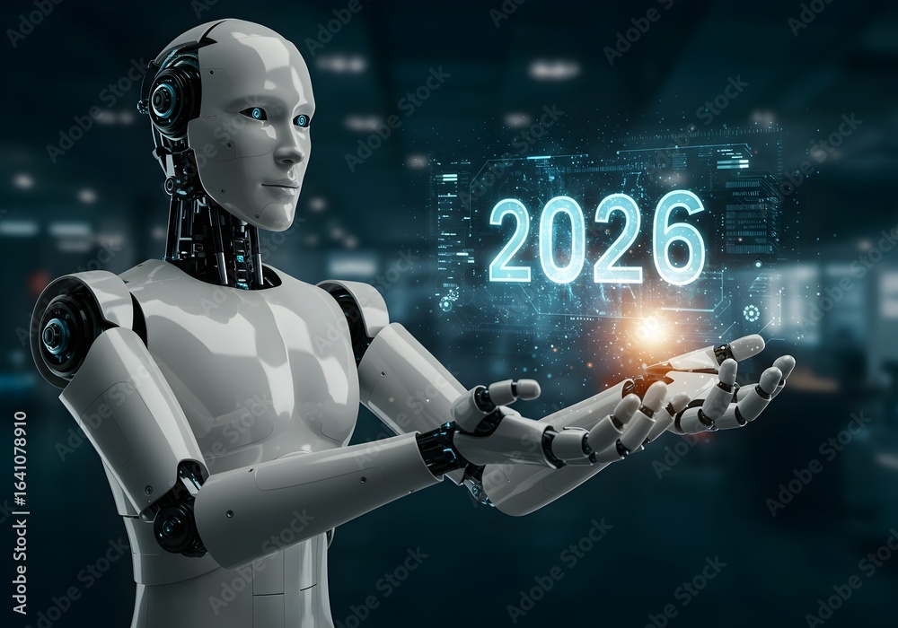 Science Machine 2026 Futuristic Robot Presenting the Year 2026 as a Holographic Display ...