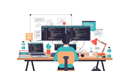 Programmer working on multiple monitors displaying code and data