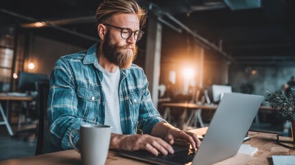 Wall Mural - Minimal concept of Young professional man working on laptop at minimalist desk, coffee mug beside keyboard, ergonomic chair, soft morning light, calm expression, blurred colleagues in background,
