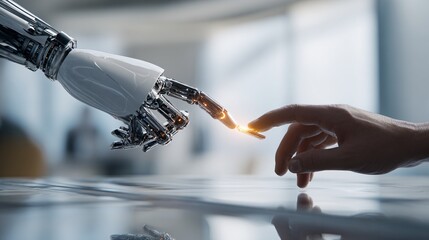 Close-up of an AI robot hand passing a glowing data chip to a human hand over a sleek minimalist glass table