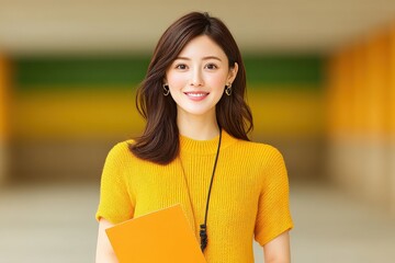 Wall Mural - Minimal concept of PR manager reading cue cards before media briefing, hallway with soft light, focused expression, realistic corporate communications photo, preparation, confidence, professional