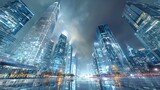 Futuristic Cityscape at Night: Low Angle View of Modern Architecture and Urban Illumination
