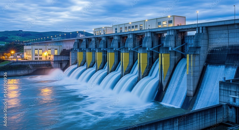 Hydro Power Generation Process Hydroelectric Dam Power Plant at Dusk, Generating Renewable Energy and ...