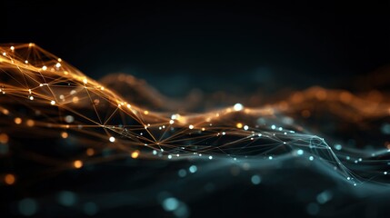 Abstract futuristic data visualization with glowing digital particles and wireframe network on dark background, high tech sci-fi concept of global connections, data transfer and advanced technology.