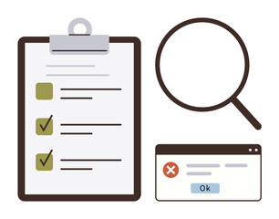 Fototapete - Clipboard checklist with ticks and empty boxes, magnifying glass, and error popup. Ideal for audit, quality control, troubleshooting, productivity, research, analysis simple flat metaphor