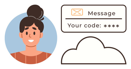 Poster - Smiling woman portrait with a message containing a security code and a cloud symbol. Ideal for concepts thumbs up technology, privacy, authentication, security, digital communication, ID