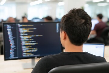 A focused coder at work, writing lines of code on screen in the office environment.