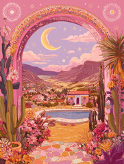 Wall Mural - modern illustration in boho country style with elements of astrology and tarot. female character and