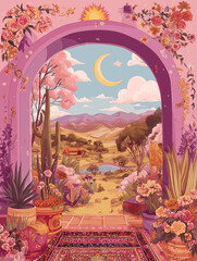 Wall Mural - modern illustration in boho country style with elements of astrology and tarot. female character and