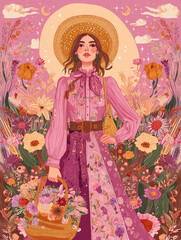 Wall Mural - modern illustration in boho country style with elements of astrology and tarot. female character and
