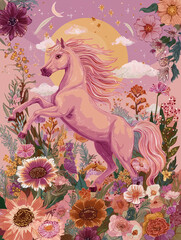 Wall Mural - modern illustration in boho country style with elements of astrology and tarot. female character and