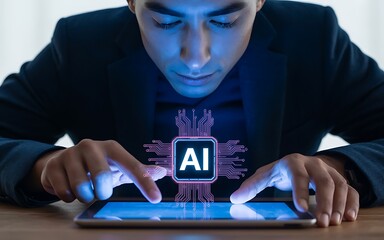 artificial intelligence at your fingertips a young professional interacting with ai technology on a 