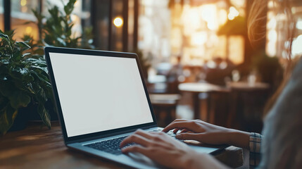A close-up image: A woman using a digital tablet with a blank white screen while working. This is a tablet mockup for online marketing or web templates.	