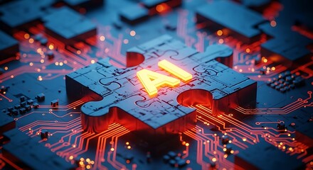Glowing AI puzzle piece integrating into a futuristic motherboard circuit. A conceptual representation of artificial intelligence development and tech.