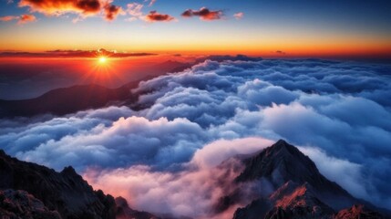 Wall Mural - majestic sunrise at the summit of mount tai, vast sea of clouds rolling like endless white waves ben