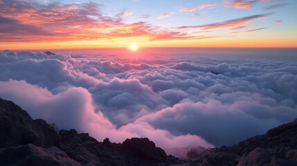 Wall Mural - majestic sunrise at the summit of mount tai, vast sea of clouds rolling like endless white waves ben