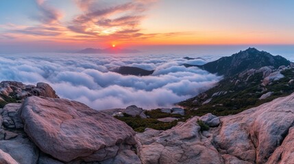 Wall Mural - majestic sunrise at the summit of mount tai, vast sea of clouds rolling like endless white waves ben