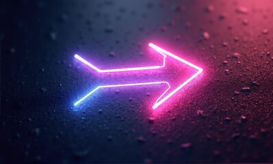 Wall Mural - a sleek neon arrow with a captivating blue to pink gradient glows brightly on a dark, wet, textured 