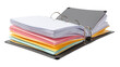 © CStock - Colorful stack of paper sheets organized in a black binder on a white isolate background.
