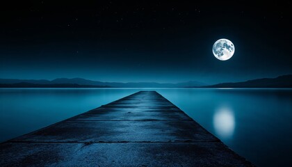 Wall Mural - Serene Concrete Pier Extends into Calm Blue Lake Under Full Moonlight