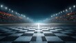 © backup_studio - Empty night race track with a checkered flag finish line and bright stadium lights, for motorsport and competition concept.