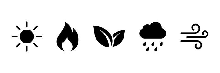 Wall Mural - Weather and nature icon set. Nature elements leaf, fire, air, sun, and cloud line icon set. Environment sign. Vector illustration