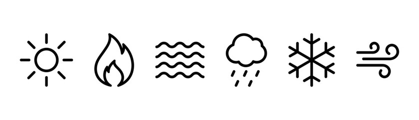 Wall Mural - Nature elements water, fire, air, sun, cloud, and snowflake line icon set. Wave, flame, wind, rain, winter, and sunshine. Environment sign. Weather and nature outline icon set. Vector illustration