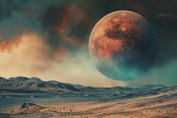 Wall Mural - breathtaking view of a giant, orange planet dominating the sky above a desolate, rocky alien terrain