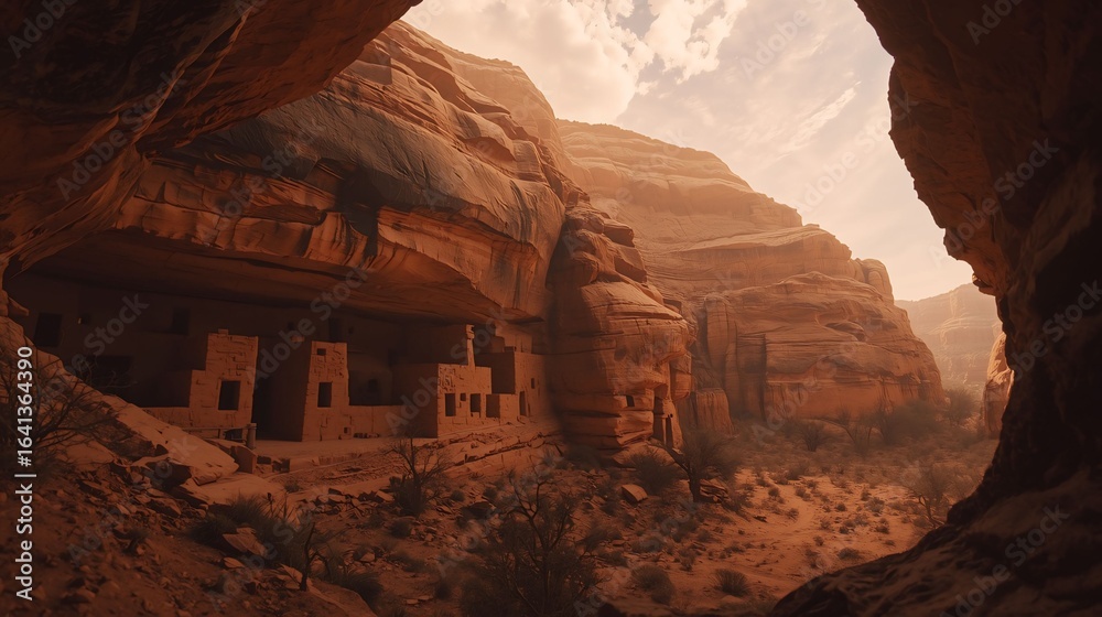 Ancient cliff dwellings built into a canyon wall under a dramatic sky ...