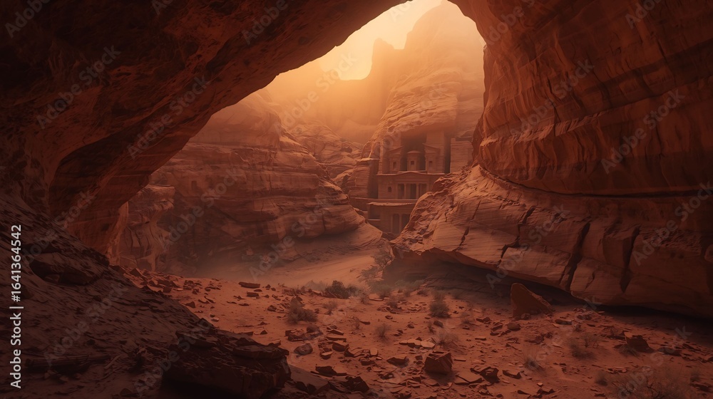 Ancient cliff dwellings built into a canyon wall under a dramatic sky ...