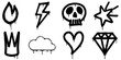 © Doa Bunda - collection of black graffiti stencil icons with dripping paint effect, including fire, lightning bolt, skull, star, crown, cloud, heart, and diamond.