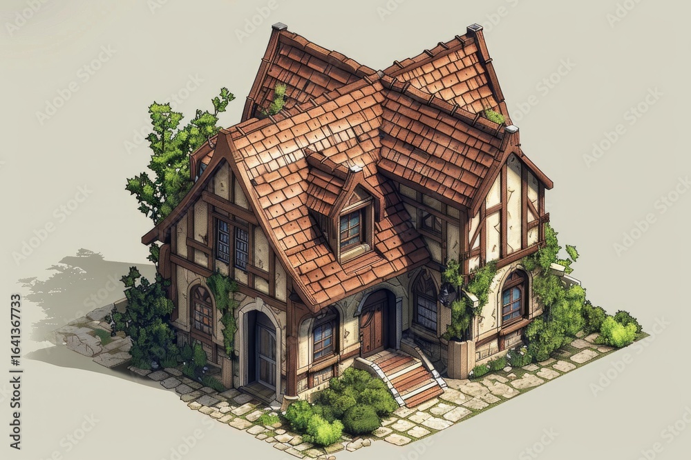 Isometric view of a charming medieval fantasy building featuring a ...