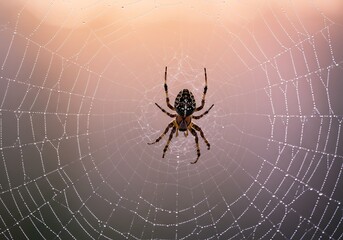 Closeup spider on web at sunset