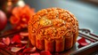 © Ben - A festive mooncake with floral imprints and golden accents, celebrating China National Day with elegance.