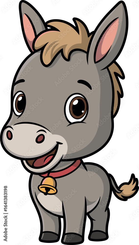 Cute cartoon donkey with big brown eyes, red collar and bell, smiling ...
