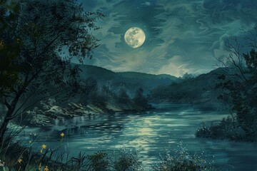 Wall Mural - Moon reflecting in a river flowing through hills with trees and flowers on the banks at night