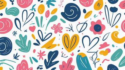 Wall Mural -  Playful Hand-Drawn Floral and Heart Pattern