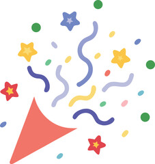 Vector art of a festive party popper exploding with colorful confetti, streamers, and stars, isolated on a white background