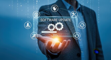 Software Update Concept Displayed on Hand: Application, System, and Firmware Upgrade Process with Progress Bar