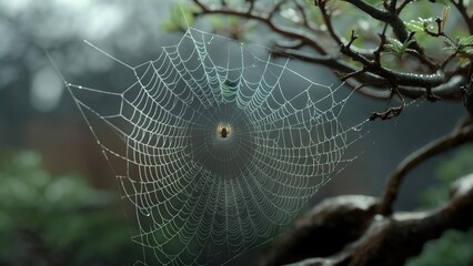 Dew-Kissed Spiderweb with Spider in Nature's Embrace