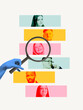 © Lustre Art Group  - Contemporary collage of diverse professionals in vivid color blocks, with magnifying glass emphasizing a smiling young woman. Concept of recruitment, HR analytics, and hiring decision-making.