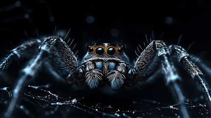 Close-up of a Macro Spider with Intricate Details of Segmented Legs on a Glossy Dark Background